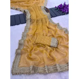 Women's Silk Embellished Saree with Blouse – Yellow