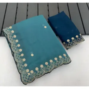 Women's Star Georgette Embroidered Saree with Blouse – Blue
