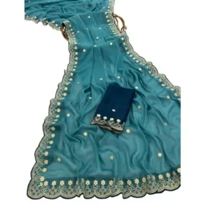 Women's Star Georgette Embroidered Saree with Blouse – Blue