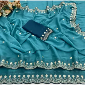 Women's Star Georgette Embroidered Saree with Blouse – Blue