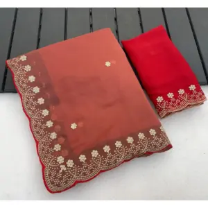 Women's Star Georgette Embroidered Saree with Blouse – Orange