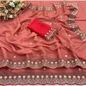 Women's Star Georgette Embroidered Saree with Blouse – Orange
