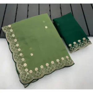 Women's Star Georgette Embroidered Saree with Blouse – Green