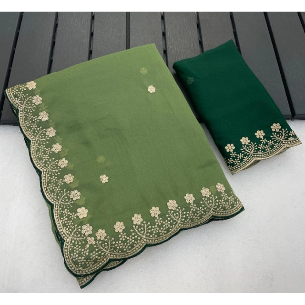 Women's Star Georgette Embroidered Saree with Blouse – Green
