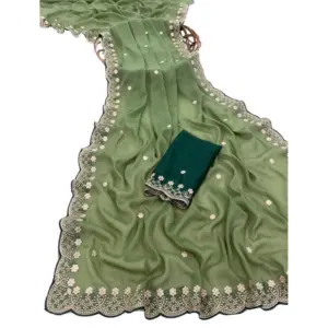 Women's Star Georgette Embroidered Saree with Blouse – Green