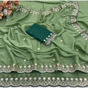 Women's Star Georgette Embroidered Saree with Blouse – Green