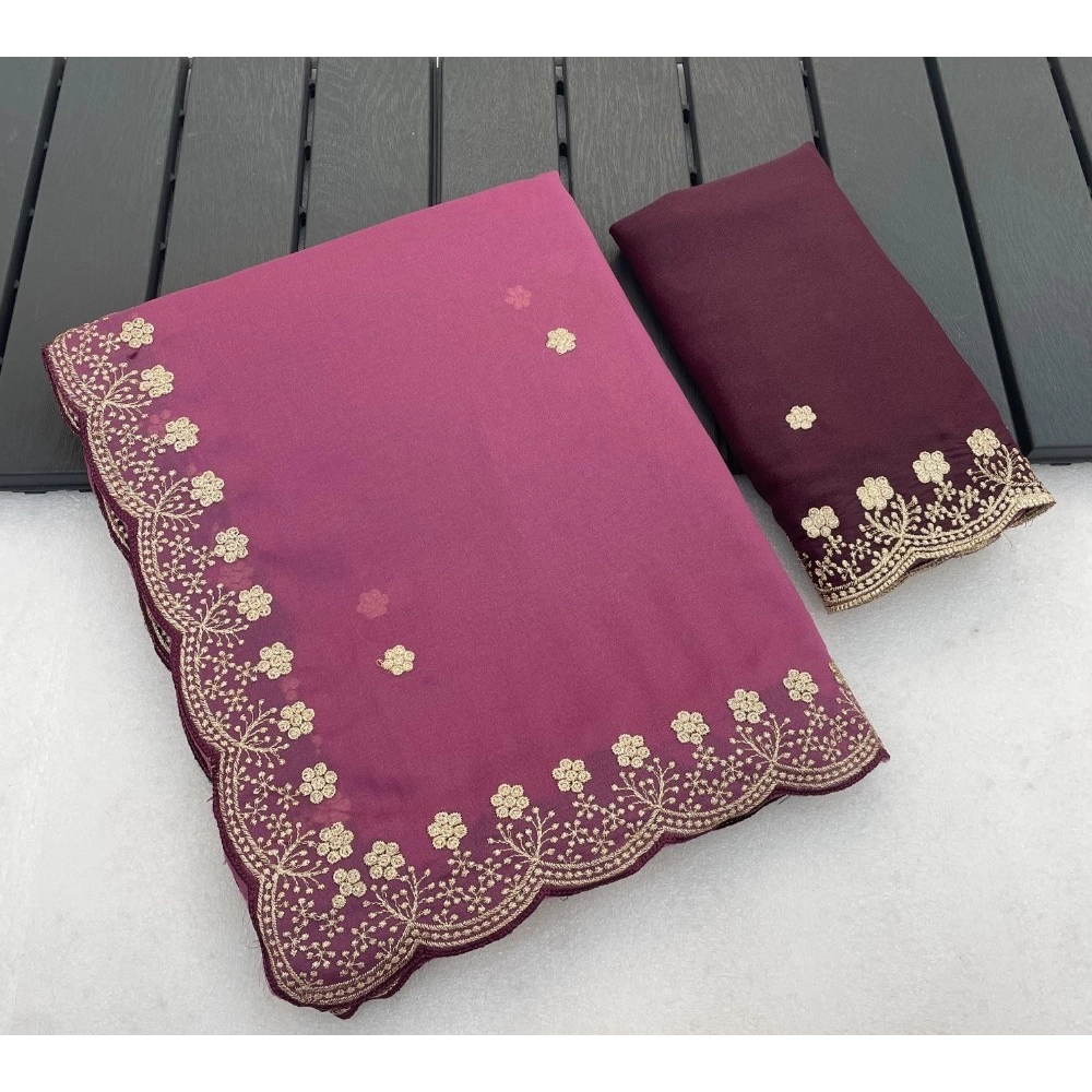Women's Star Georgette Embroidered Saree with Blouse – Pink
