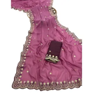 Women's Star Georgette Embroidered Saree with Blouse – Pink