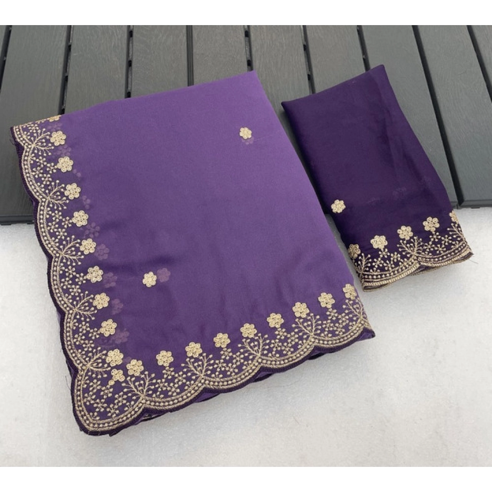 Women's Star Georgette Embroidered Saree with Blouse – Purple