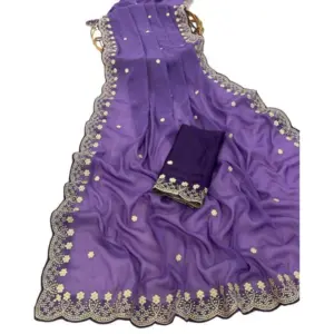 Women's Star Georgette Embroidered Saree with Blouse – Purple