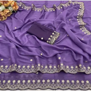 Women's Star Georgette Embroidered Saree with Blouse – Purple