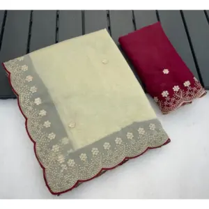 Women's Star Georgette Embroidered Saree with Blouse – Off White
