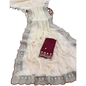 Women's Star Georgette Embroidered Saree with Blouse – Off White
