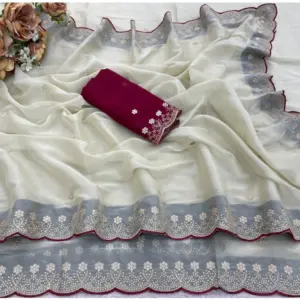 Women's Star Georgette Embroidered Saree with Blouse – Off White