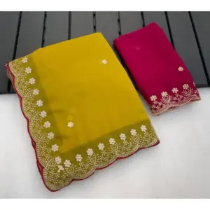 Women's Star Georgette Embroidered Saree with Blouse – Yellow