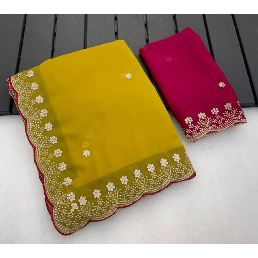 Women's Star Georgette Embroidered Saree with Blouse – Yellow