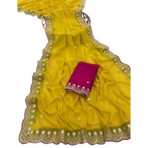 Women's Star Georgette Embroidered Saree with Blouse – Yellow
