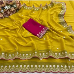 Women's Star Georgette Embroidered Saree with Blouse – Yellow