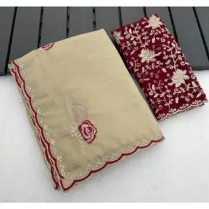 Women's Star Georgette Embroidered Saree with Blouse – Cream