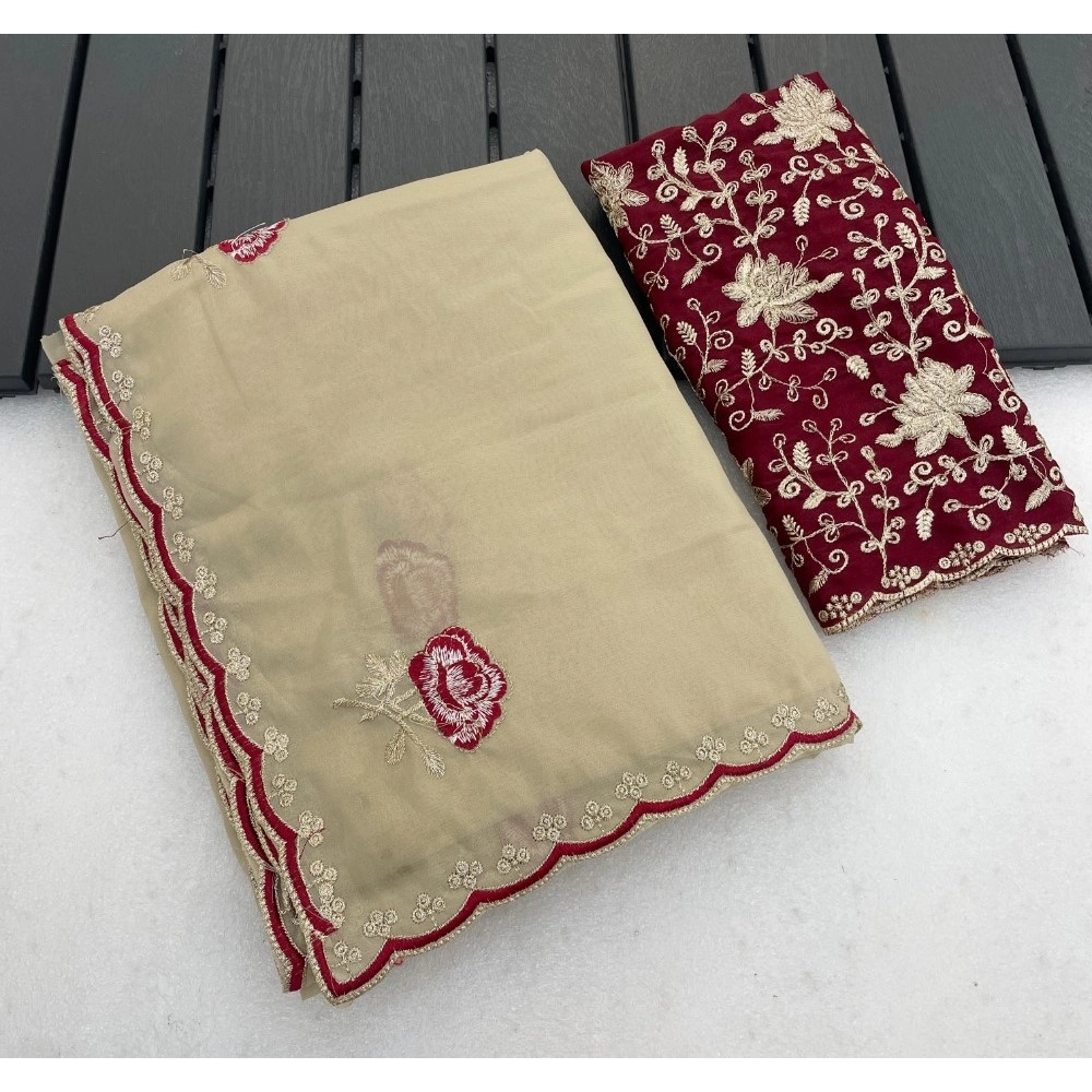 Women's Star Georgette Embroidered Saree with Blouse – Cream