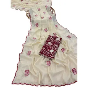 Women's Star Georgette Embroidered Saree with Blouse – Cream