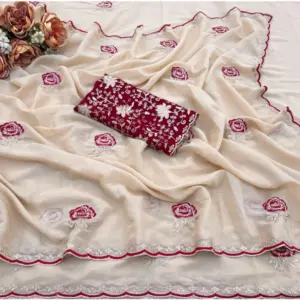 Women's Star Georgette Embroidered Saree with Blouse – Cream