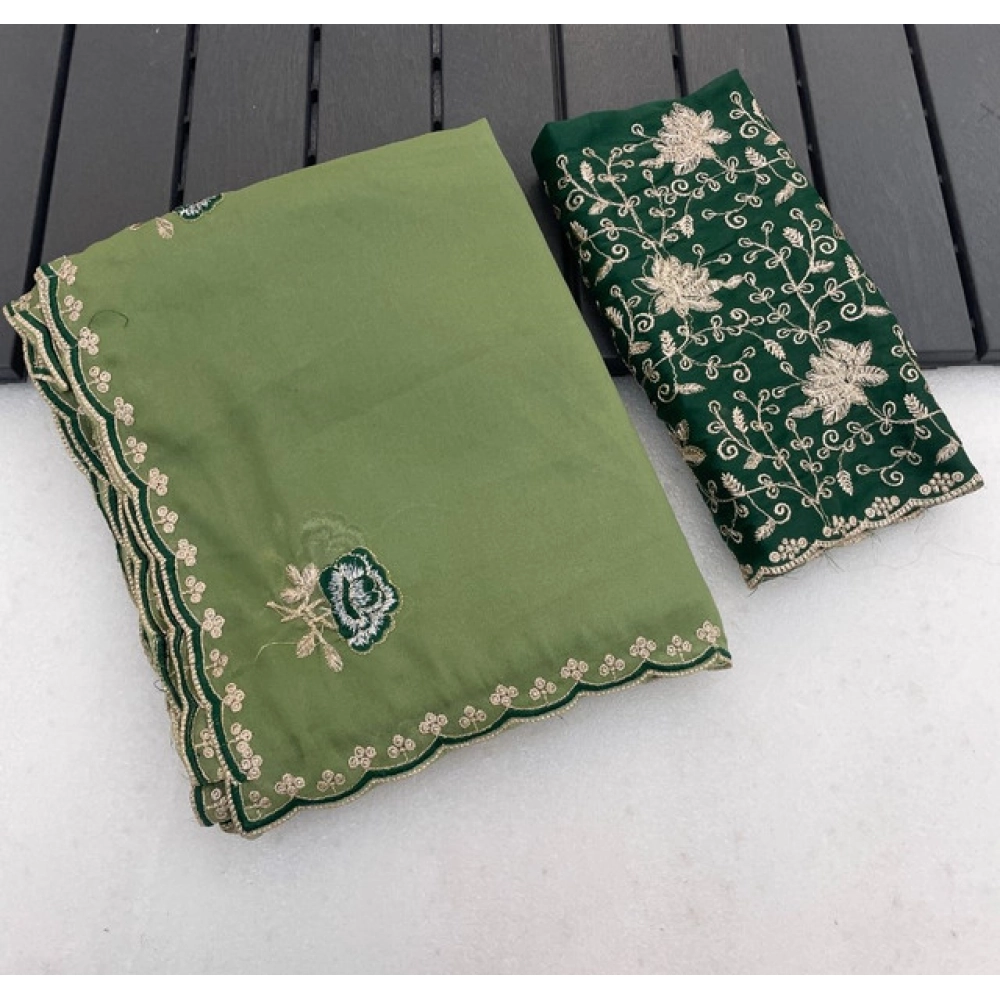 Women's Star Georgette Embroidered Saree with Blouse – Green