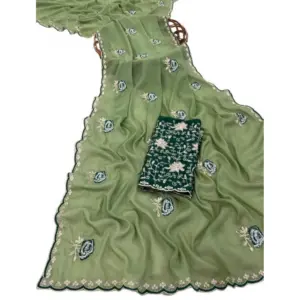 Women's Star Georgette Embroidered Saree with Blouse – Green