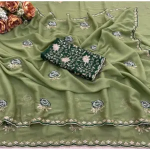 Women's Star Georgette Embroidered Saree with Blouse – Green