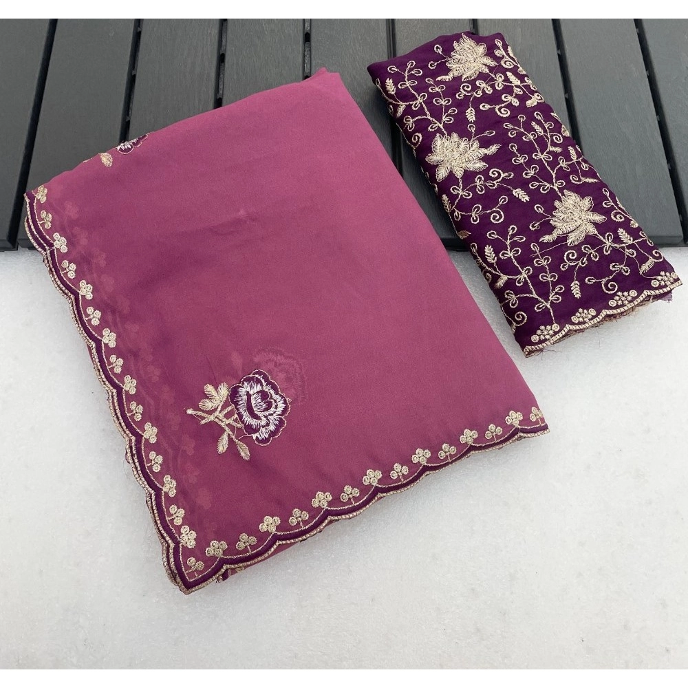 Women's Star Georgette Embroidered Saree with Blouse – Pink