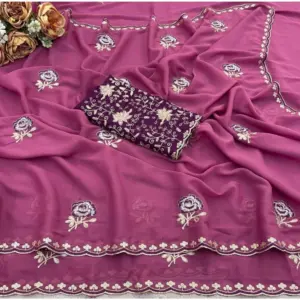 Women's Star Georgette Embroidered Saree with Blouse – Pink