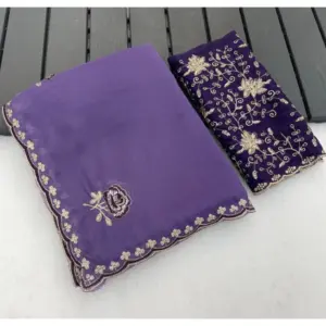 Women's Star Georgette Embroidered Saree with Blouse – Purple