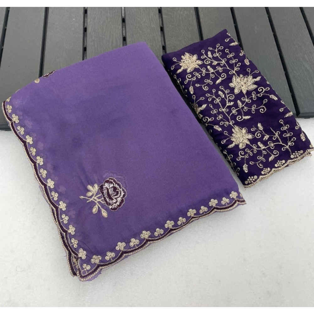 Women's Star Georgette Embroidered Saree with Blouse – Purple
