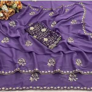Women's Star Georgette Embroidered Saree with Blouse – Purple