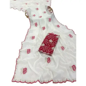 Women's Star Georgette Embroidered Saree with Blouse – White