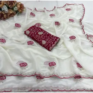 Women's Star Georgette Embroidered Saree with Blouse – White