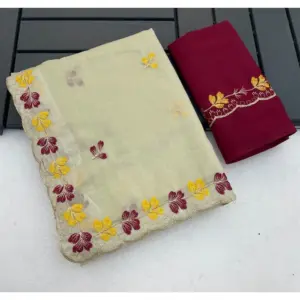 Women's Star Georgette Embroidered Saree with Blouse – Beige-Red