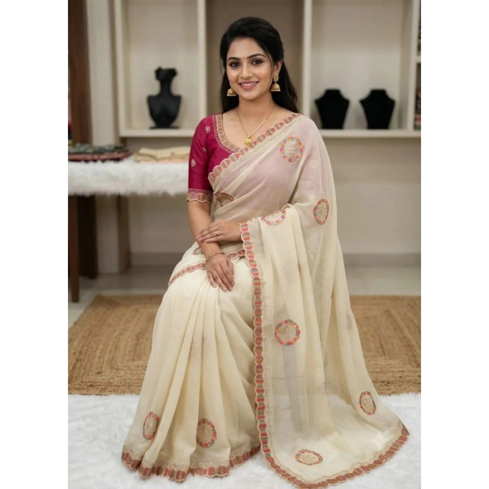 Women's Star Georgette Embroidered Saree with Blouse – Cream