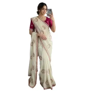 Women's Star Georgette Embroidered Saree with Blouse – Cream
