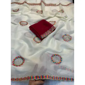Women's Star Georgette Embroidered Saree with Blouse – Cream