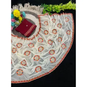 Women's Star Georgette Embroidered Saree with Blouse – Cream