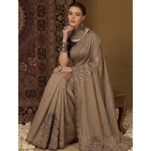 Women's Viscose Silk Embroidered Saree with Blouse – Brown