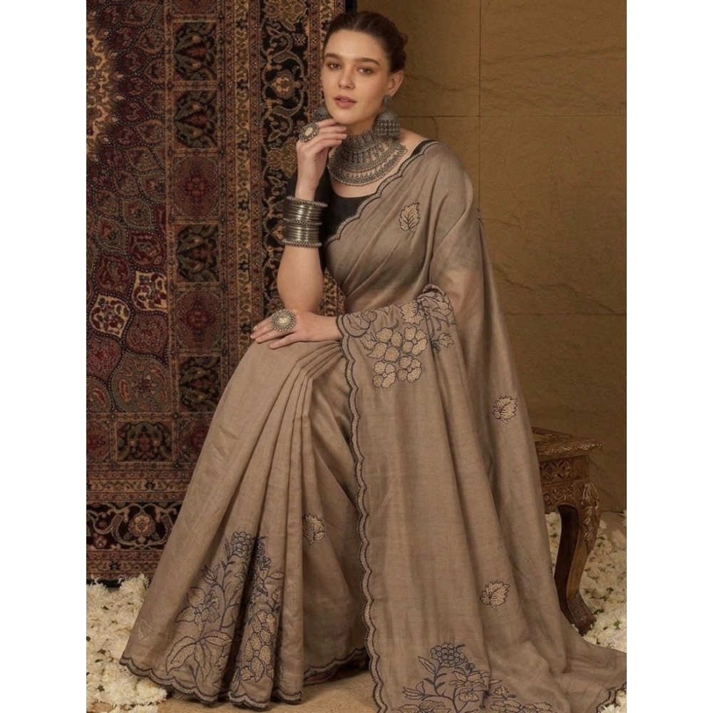 Women's Viscose Silk Embroidered Saree with Blouse – Brown
