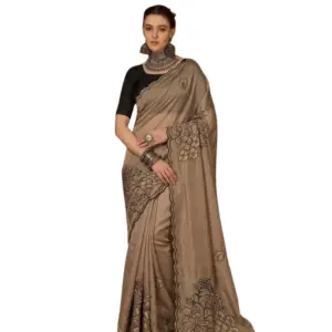 Women's Viscose Silk Embroidered Saree with Blouse – Brown