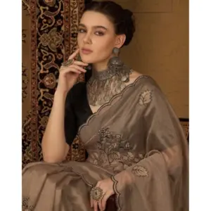 Women's Viscose Silk Embroidered Saree with Blouse – Brown