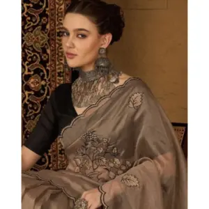 Women's Viscose Silk Embroidered Saree with Blouse – Brown