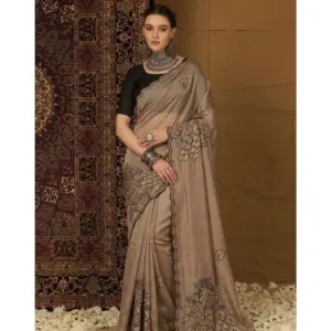 Women's Viscose Silk Embroidered Saree with Blouse – Brown