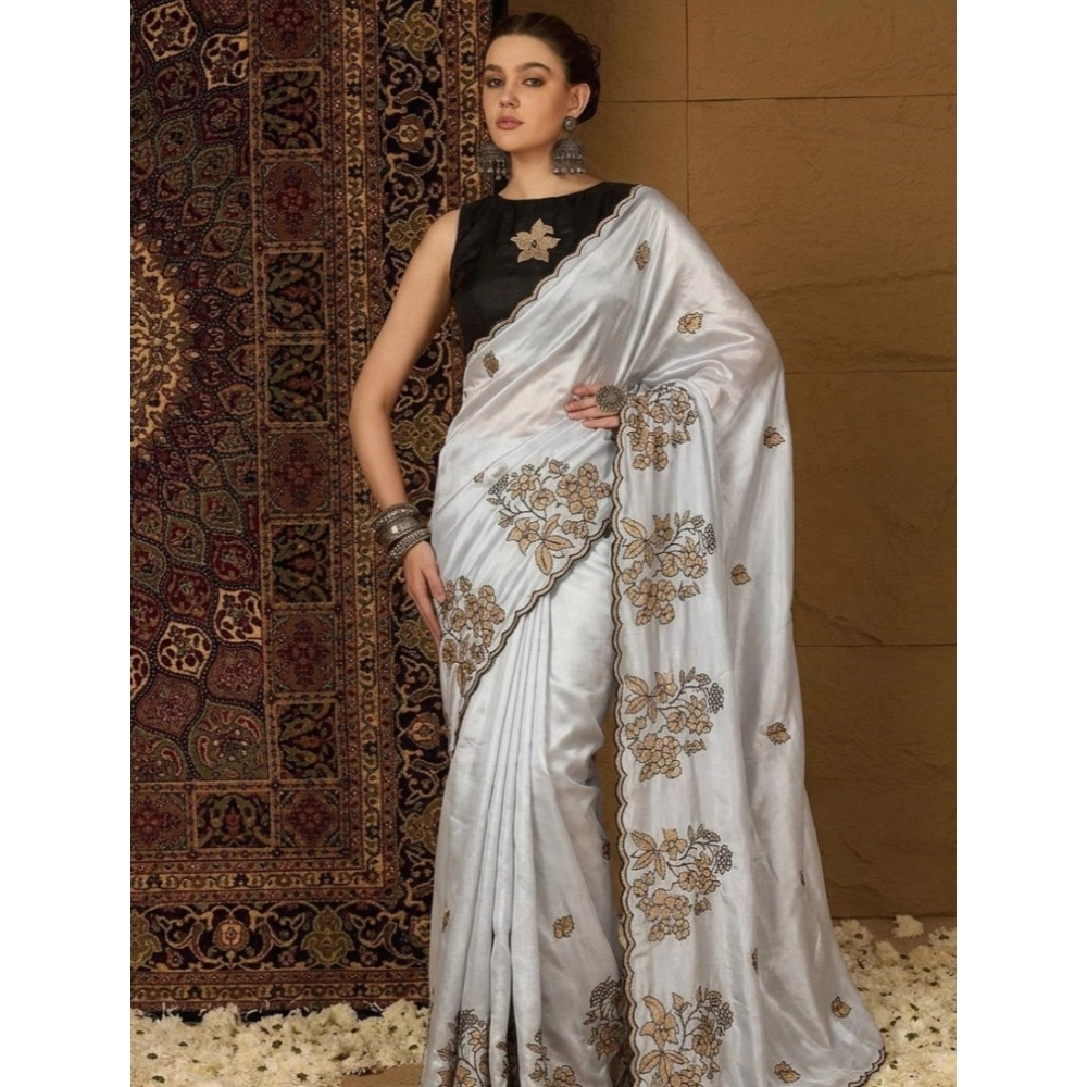 Women's Viscose Silk Embroidered Saree with Blouse – Grey