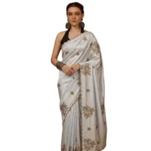 Women's Viscose Silk Embroidered Saree with Blouse – Grey