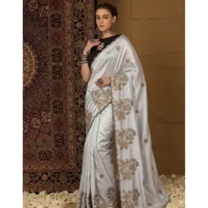 Women's Viscose Silk Embroidered Saree with Blouse – Grey